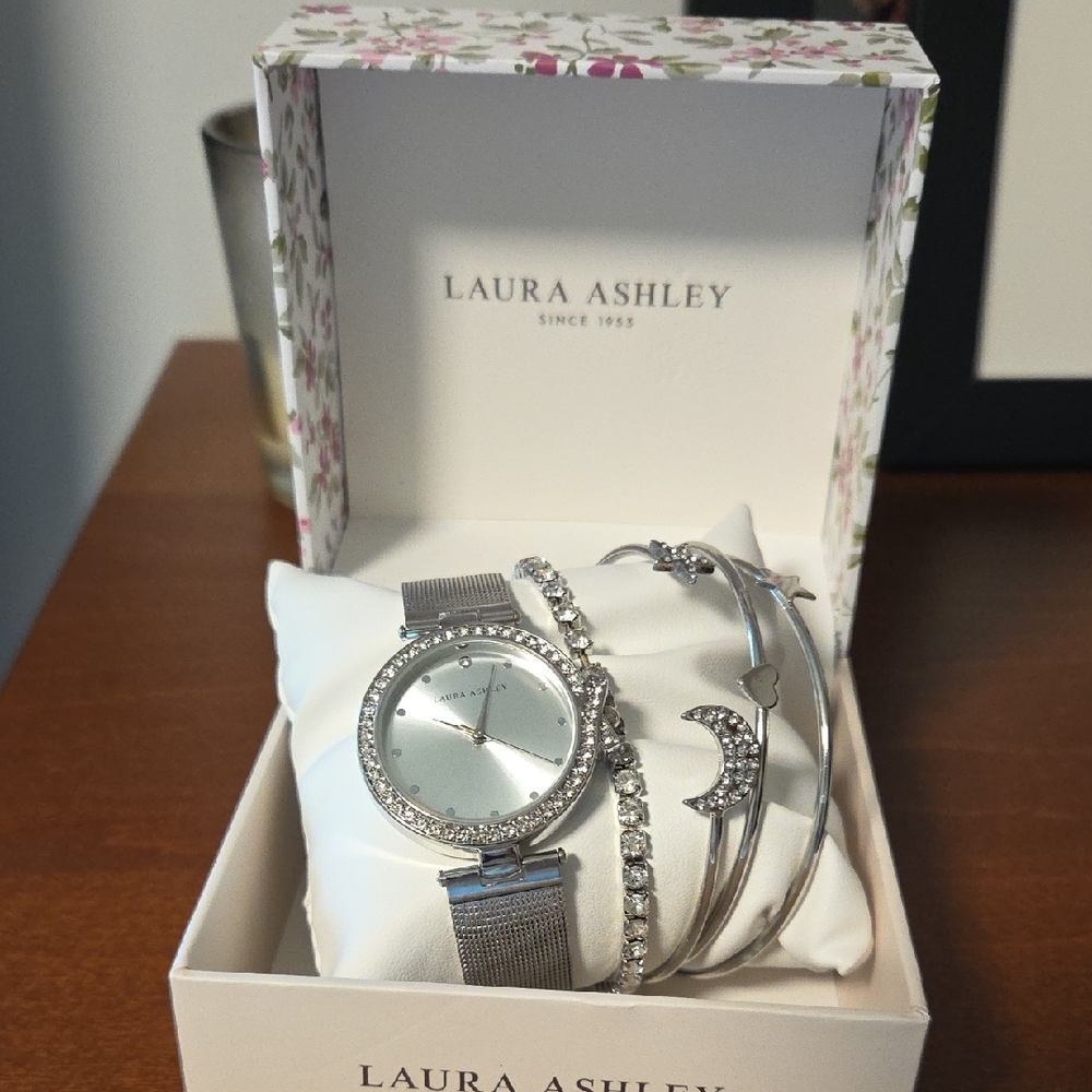 Laura Ashley Silver Tone Crystal Watch and Bracelet Set